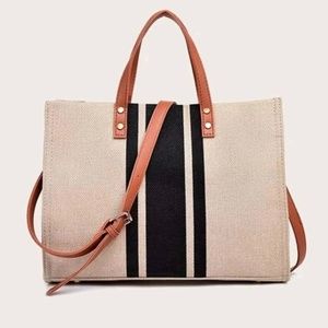 SHEIN Beige Striped Canvas Top Handle Shoulder Strap Snap Close Satchel  Purse